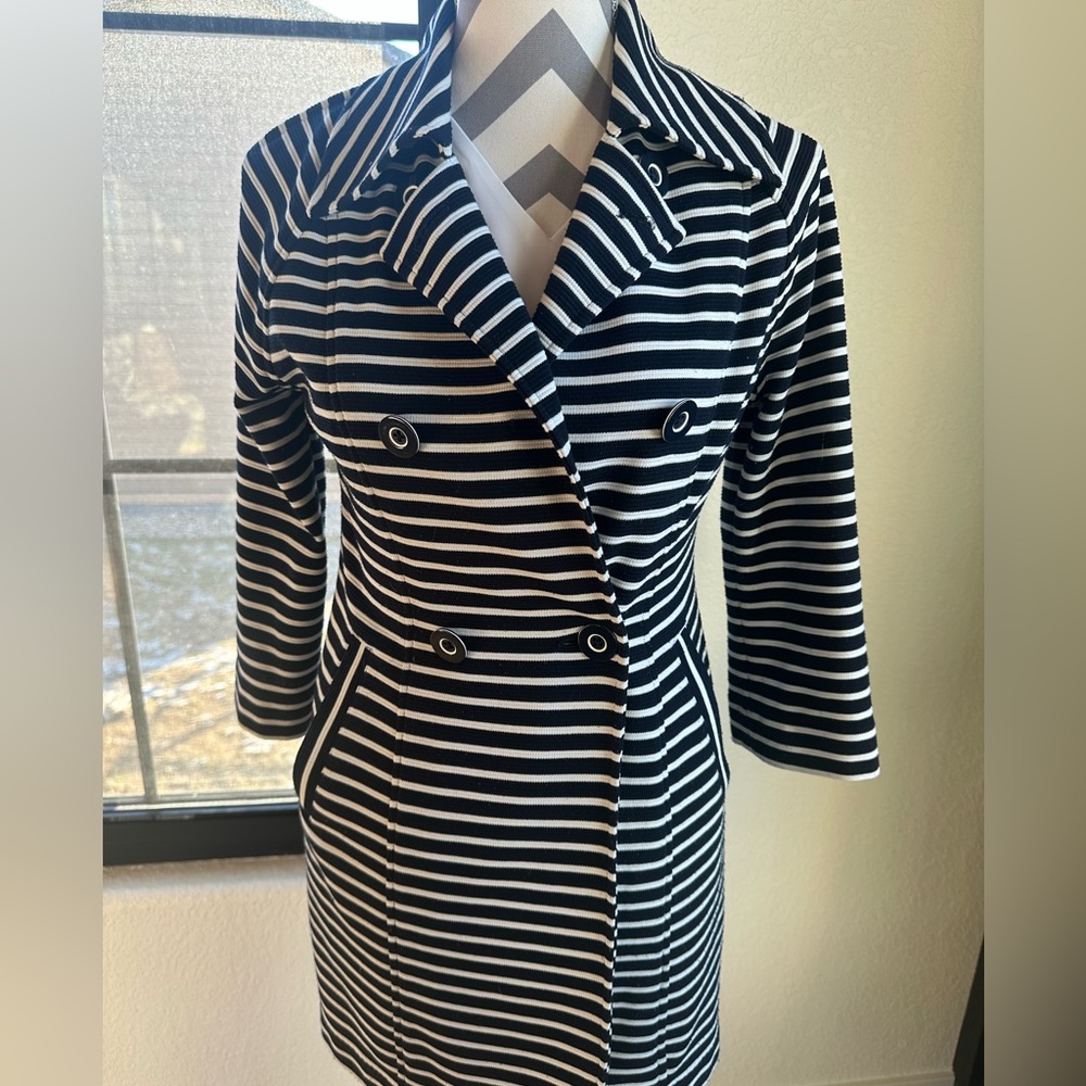 Cabi Small Maritime Trench Coat Navy White Ribbed Striped Rayon Blend Coat - Picture 5 of 8